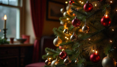 Christmas tree decorated with red and silver ornaments indoors