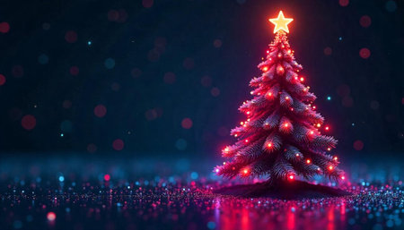 Glowing Christmas tree with star against bokeh backgroundの写真素材