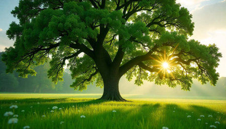 Majestic tree in sunlit meadow evokes nature and serenity