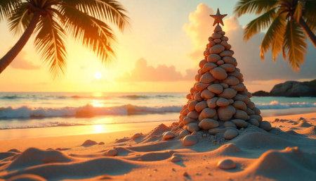 Tropical beach Christmas tree built with rocks at sunsetの写真素材