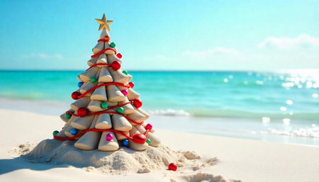 Tropical Christmas: Sand Christmas Tree on a Sunny Beachの写真素材