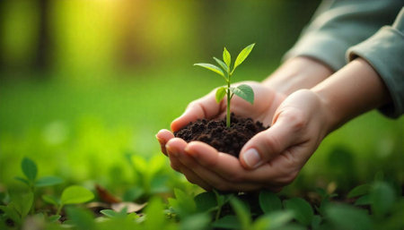 Hands Holding Sprout with Soil Against Blurred Green Backgroundの写真素材