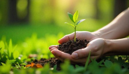 Hands holding seedling in soil representing growth and careの写真素材