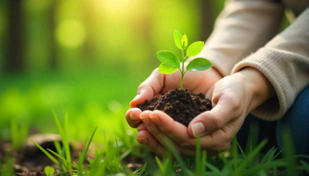 Hands holding a seedling with green nature backgroundの写真素材