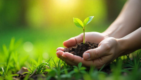 Hands holding seedling with soil, blurred green backgroundの写真素材