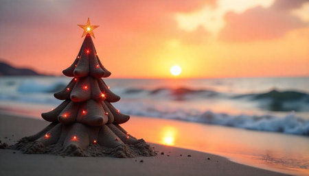 Sand Christmas tree on beach during warm sunset hourの写真素材