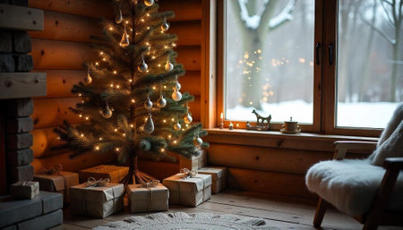 Christmas tree and gifts inside a cozy wooden cabinの写真素材