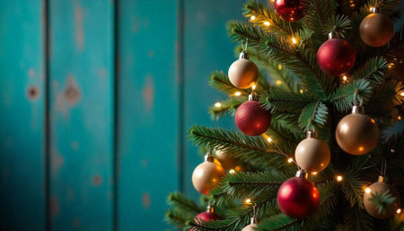 Festive Christmas tree decorated with ornaments against teal backdrop