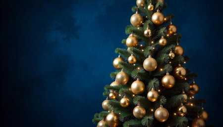 Elegant Christmas tree decorated with gold ornaments against blueの写真素材