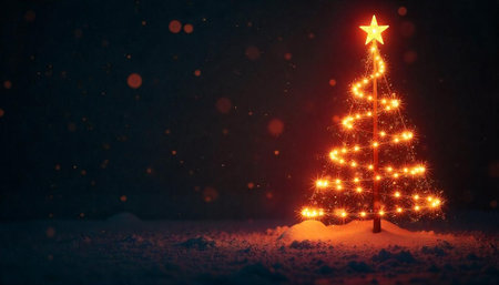 Illuminated Christmas tree with star in snow landscape
