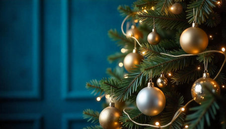Elegant Christmas tree with gold ornaments against a blue backdropの写真素材