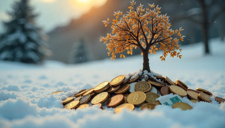 Growing Investment: Tree Emerging from Coins in Snowy Landscapeの写真素材
