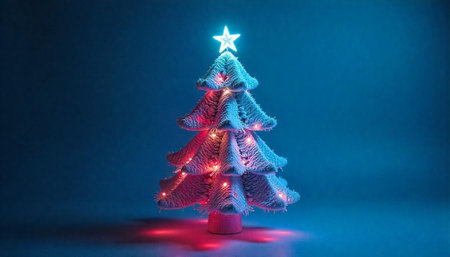 Modern Christmas tree with glowing star on blue backgroundの写真素材