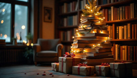 Book Christmas tree with presents in cozy library setting