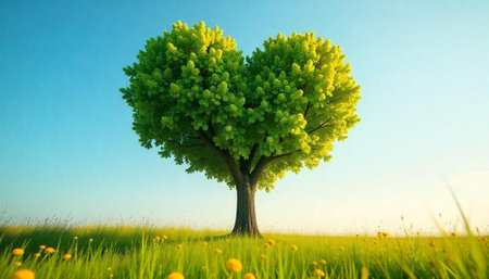 Heart-shaped tree in field conveys love and growth