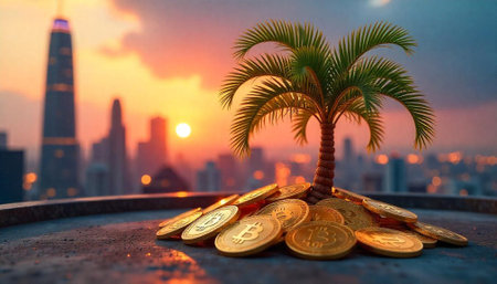 Bitcoin oasis: Palm tree amidst cryptocurrency riches at sunsetの写真素材
