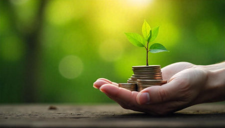 Seedling growing from coin stack held in hand