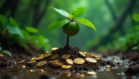 Seedling growth from a pile of gold coins in natureの写真素材