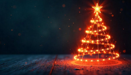 Glowing Christmas Tree with Star Lights on Wooden Surfaceの写真素材