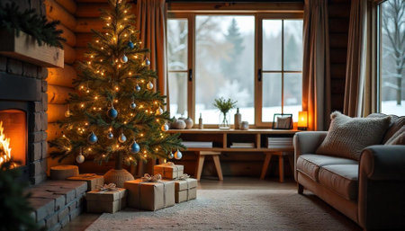 Cozy living room with a Christmas tree and fireplaceの写真素材