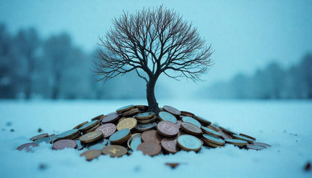 Money tree growing in winter snow finance conceptの写真素材
