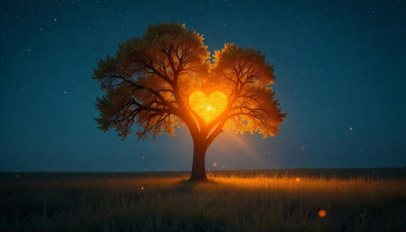 Tree of love glowing brightly under a starry nightの写真素材