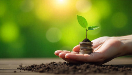 Investment growth concept sprout growing on stack of coinsの写真素材
