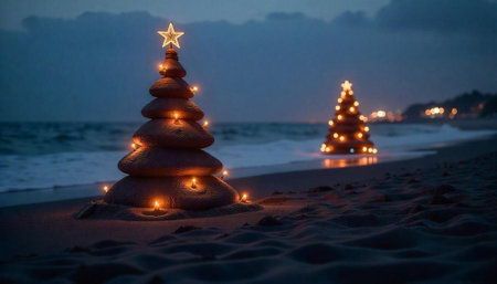Christmas tree rocks illuminated on beach during night timeの写真素材