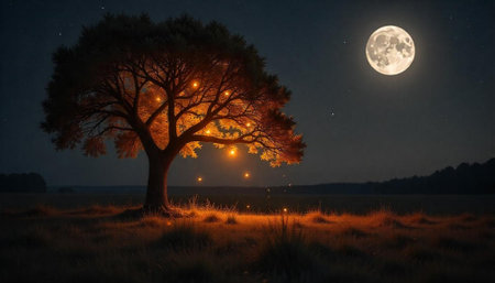 Magical tree glows beneath the moonlit starry nightの写真素材