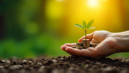 Hand holding coins and plant symbolizing financial growth