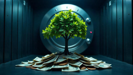 Financial growth concept showing tree growing from money pileの写真素材