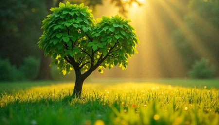 Heart shaped tree bathed in morning sunlight glow