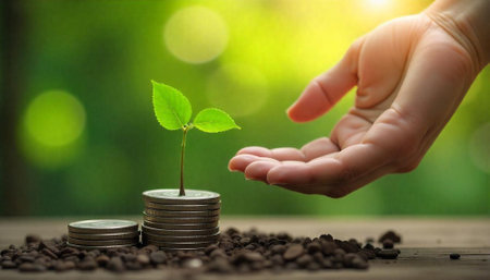 Financial growth concept seedling growing on stack of coins