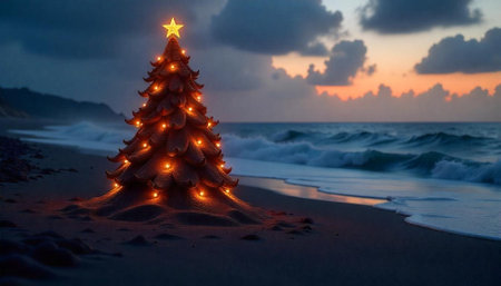 Christmas tree on a beach at sunset festive vibesの写真素材