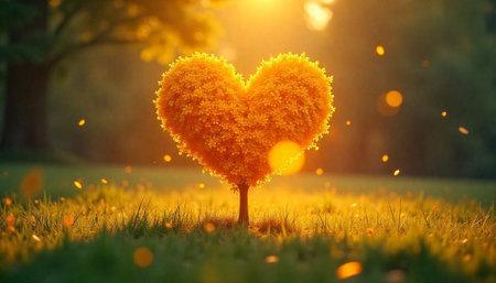 Romantic heart-shaped tree bathed in golden sunset lightの写真素材