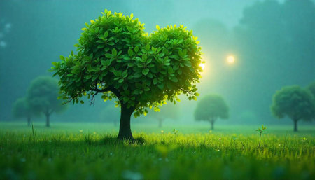 Heart-shaped tree standing in green meadow at sunriseの写真素材