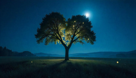 Illuminated tree in the field under moonlight at nightの写真素材