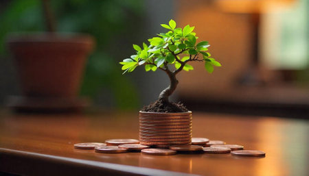 Money tree growing on coins signifies financial growthの写真素材