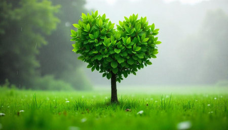 Heart shaped tree stands in green meadow landscape