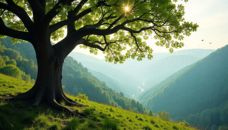 Majestic tree overlooks a river valley on a sunny day