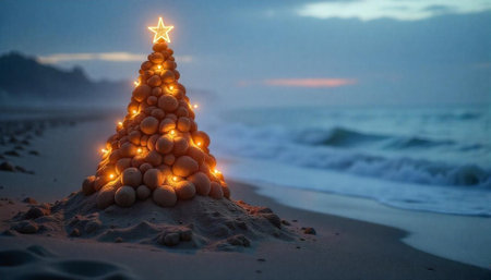 Holiday sand tree on beach at dusk with star