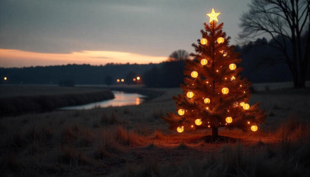 Christmas tree illuminated at dusk in a fieldの写真素材