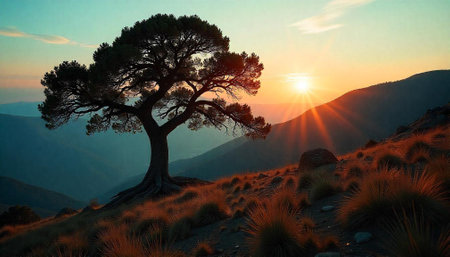 Lone tree silhouette at sunset over mountainous landscape sceneの写真素材