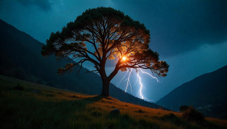 Solitary tree struck by lightning on grassy hillsideの写真素材
