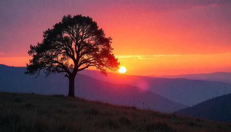 Solitary tree at sunrise with mountain view landscapeの写真素材