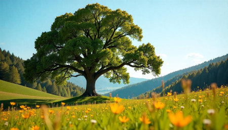 Majestic tree in blooming meadow, sunny day landscapeの写真素材