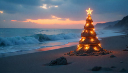 Festive sand Christmas tree on beach at sunsetの写真素材