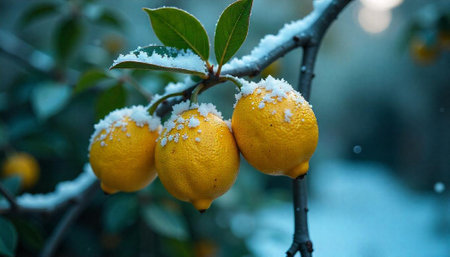 Winter lemons with snow on a branch macro photoの写真素材