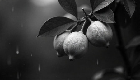 Three lemons with leaves on branch during rainfall monochromeの写真素材