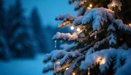 Snow covered Christmas tree with golden ornament and lightsの写真素材